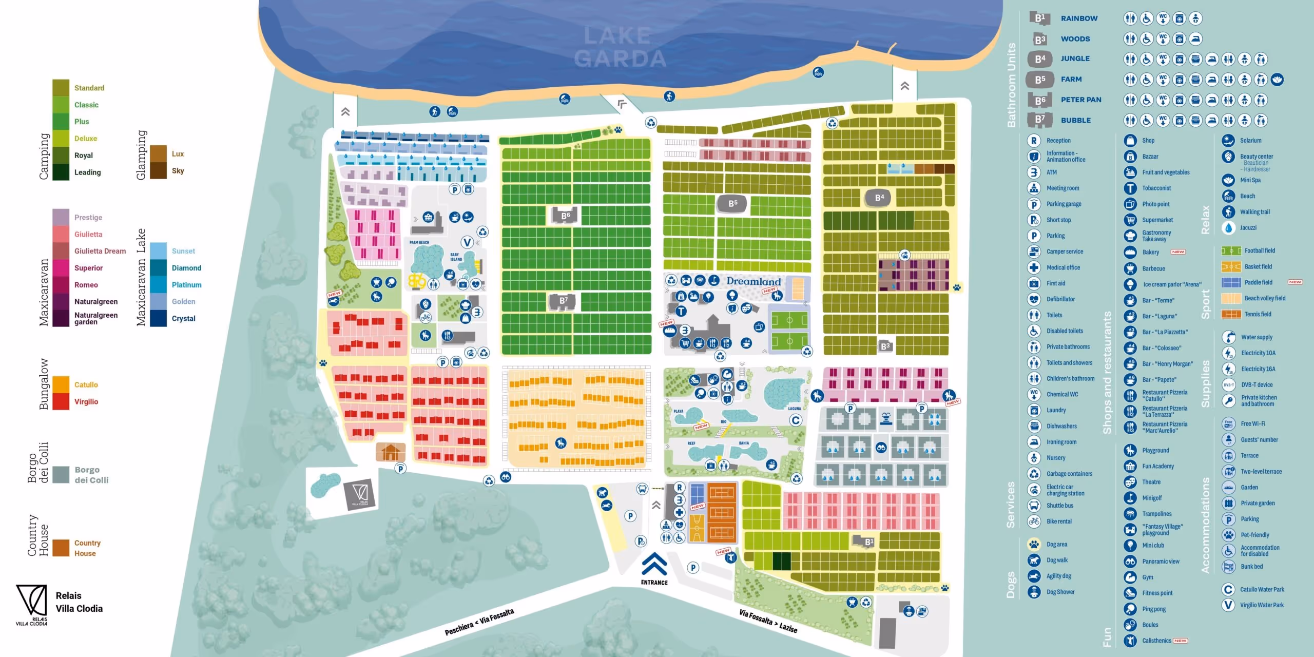 Plattegrond met de zones Catullo, Virgilio en Lugana van Camping Piani di Clodia