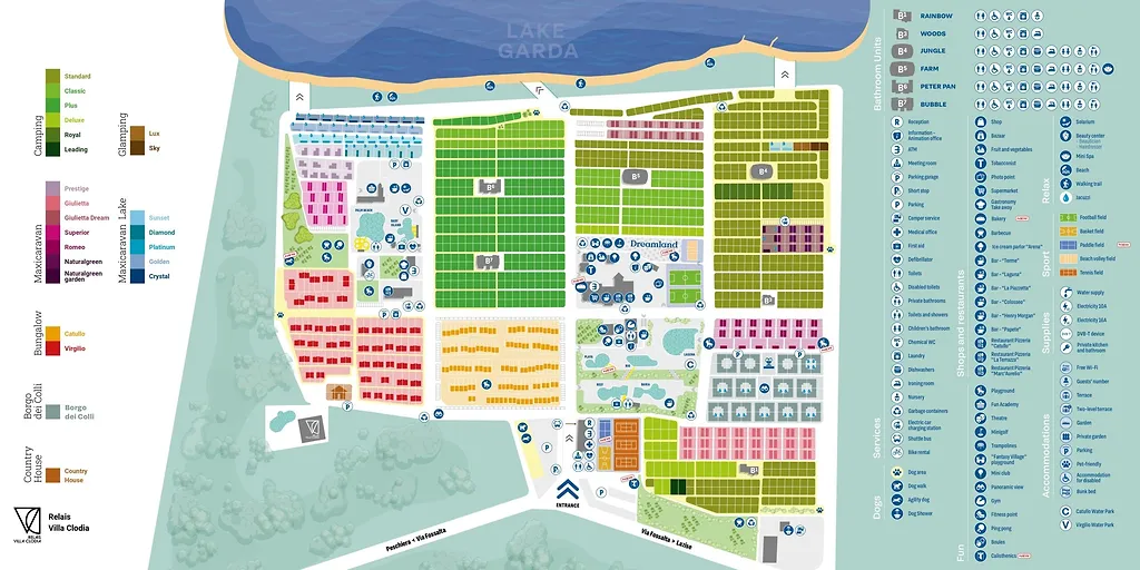Plattegrond van Camping Piani di Clodia met de zones Catullo, Virgilio en Lugana en de ligging van het Gardameer